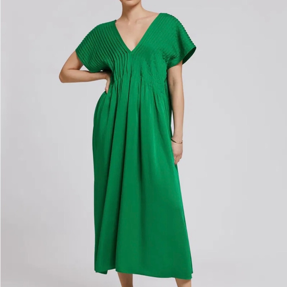 & Other Stories Green V-Neck Pleated Midi Dress